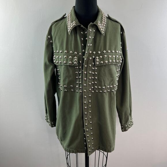 After Party By Nasty Gal Green Silver Jacket Denim Studded Snap-Button Size S/M - Picture 3 of 11